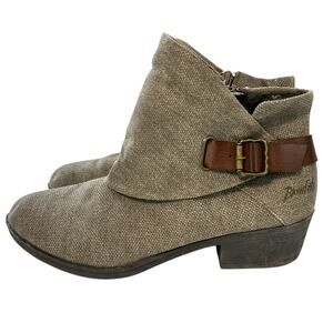 Blowfish Tweed Cotton Faux Leather Ankle Boots Heel Brown Dark Academia 7.5